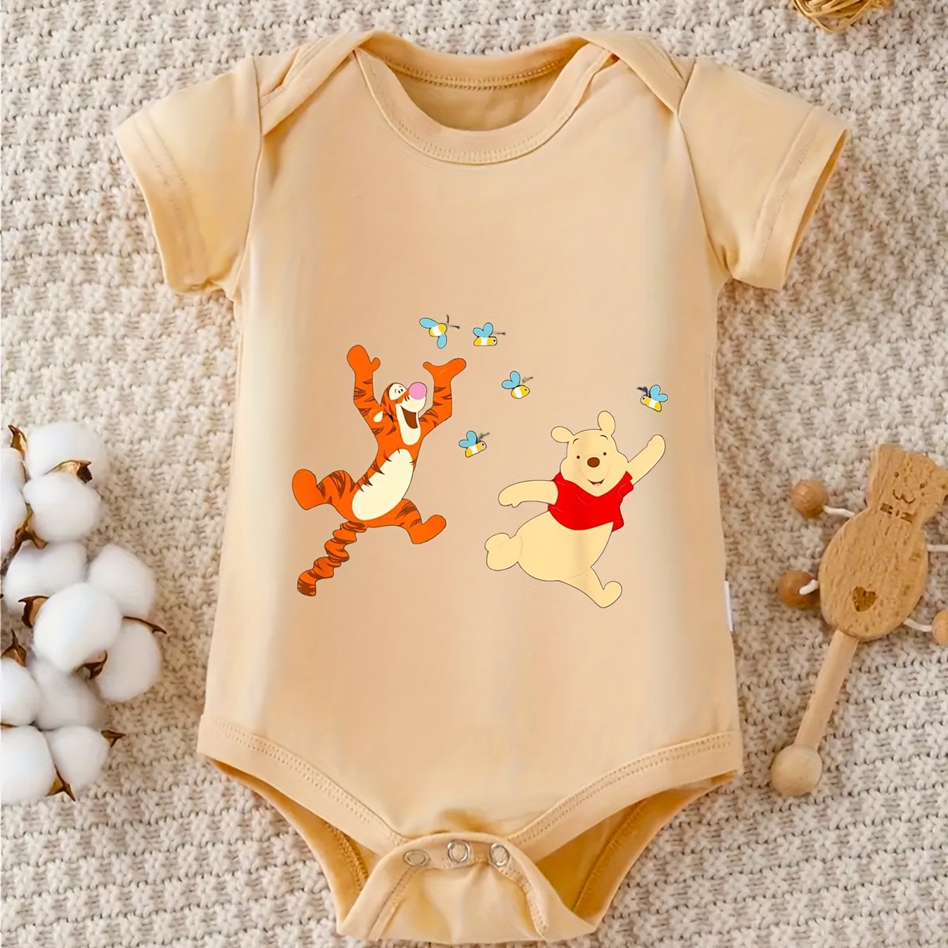 100% Cotton Baby Crawling Clothes - Tigger & Pooh Easter Design, Soft Gray, Short Sleeve, Round Neck, All-Season Casual Wear for Little Ones, Allseason Clothing | Playful Print Top | Cotton Fabric, Baby Clothes, for Outdoor