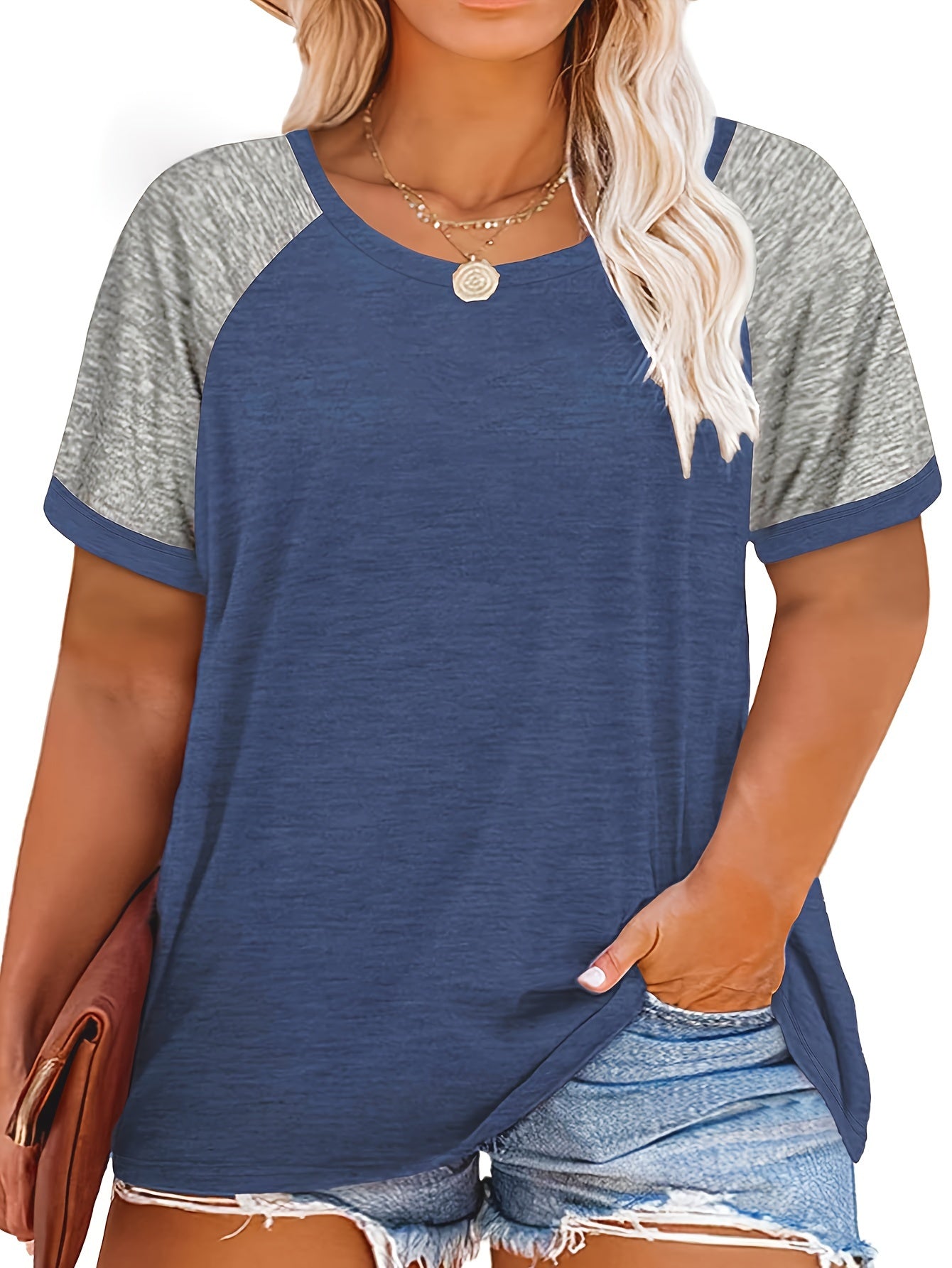 [Plus Size Slight Stretch T-shirt] Plus Size Casual T-shirt, Women's Plus Colorblock Short Sleeve Round Neck Slight Stretch T-shirt