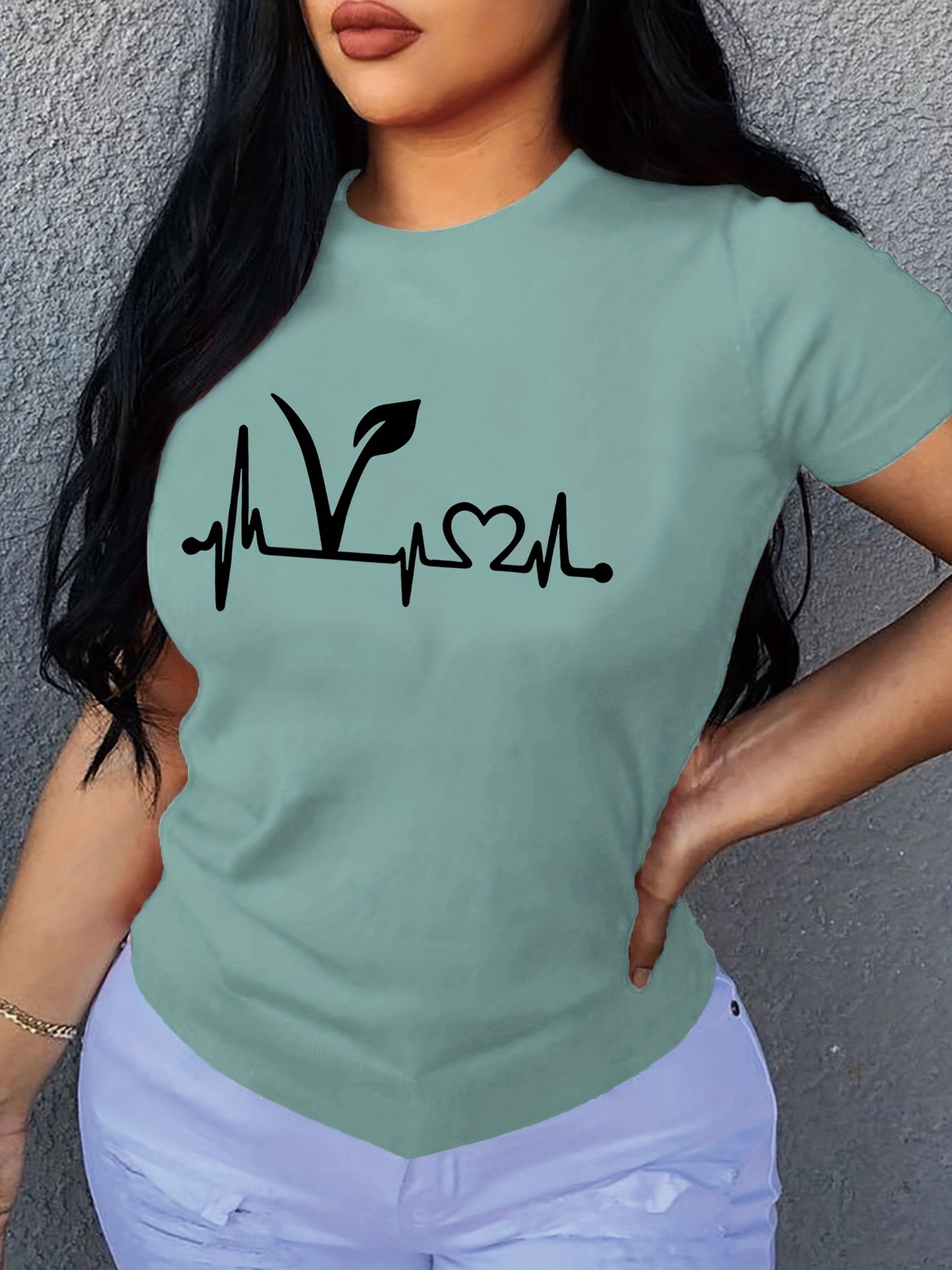 Plant Print Short Sleeve T-Shirt, Crew Neck Casual Top For Summer & Spring, Women's Clothing