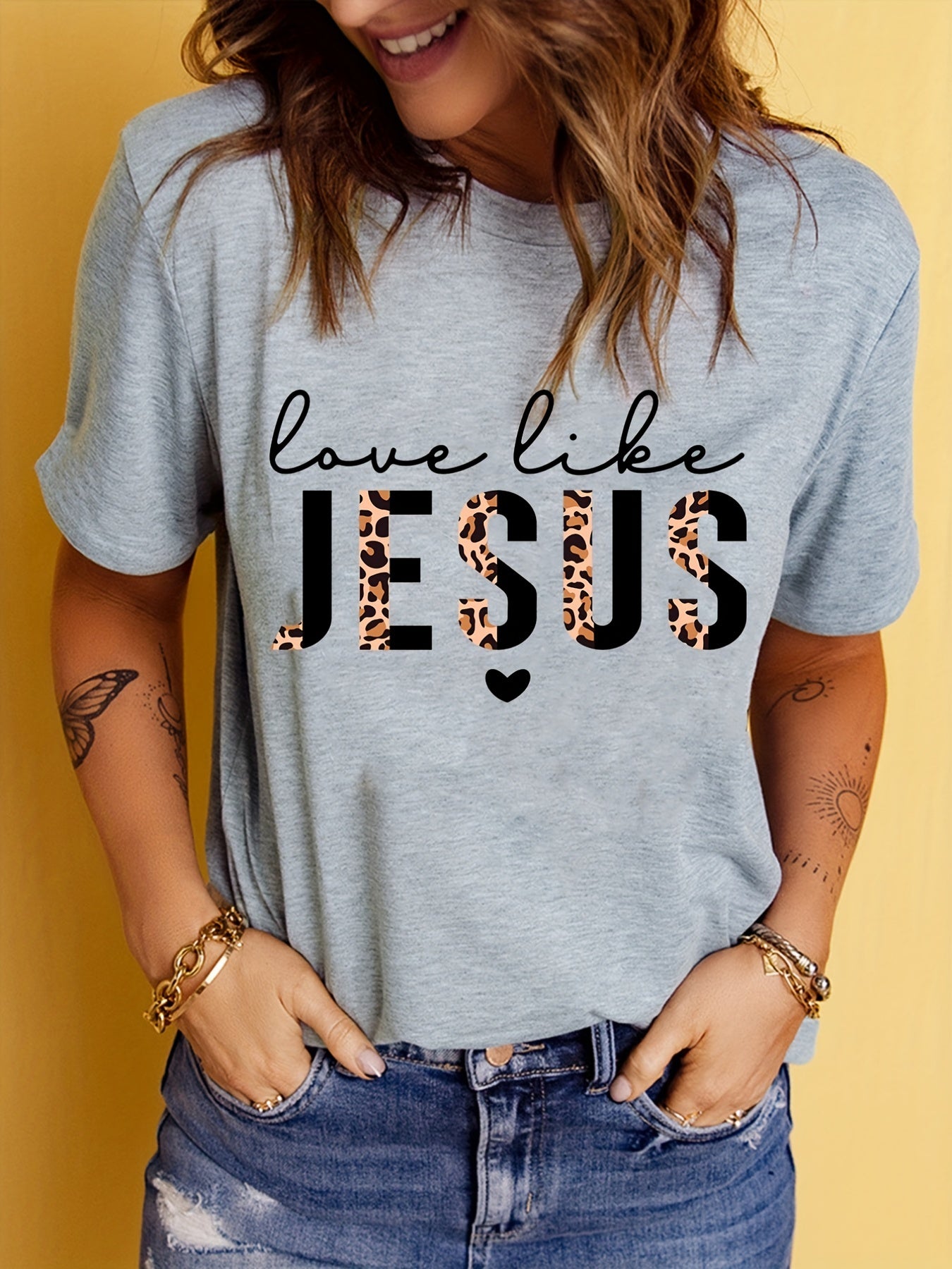 Love Like Jesus Print T-Shirt, Short Sleeve Crew Neck Casual Top For Summer & Spring, Women's Clothing
