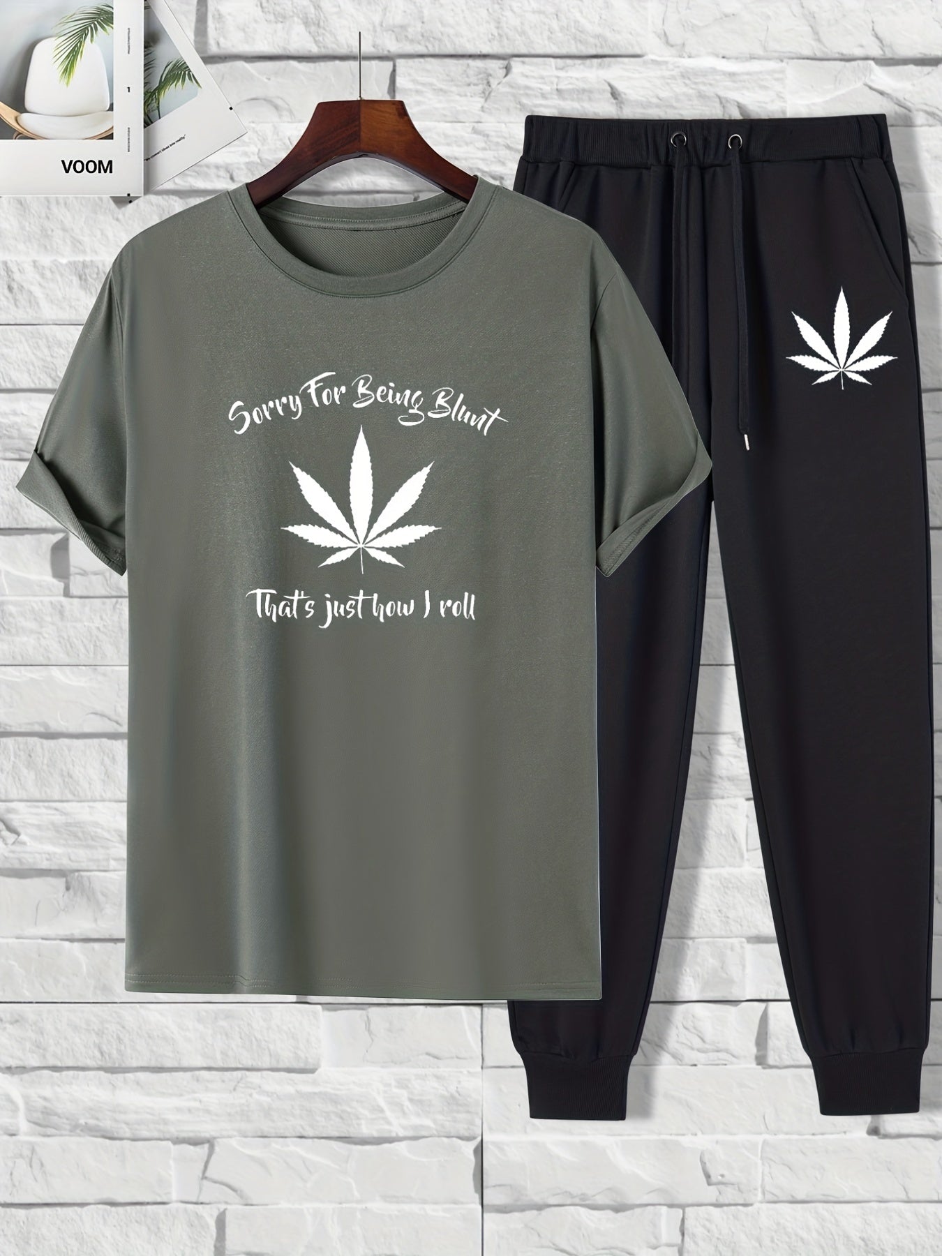 2 pieces Leaf Print Men's 2-Piece Set: Short Sleeve T-Shirt & Drawstring Trousers