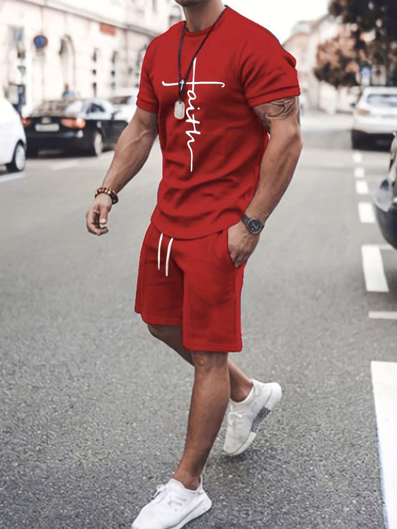 2 piece Men's 'Faith' Print Short Sleeve T-Shirt and Shorts Set - Comfortable Casual Loungewear for Summer