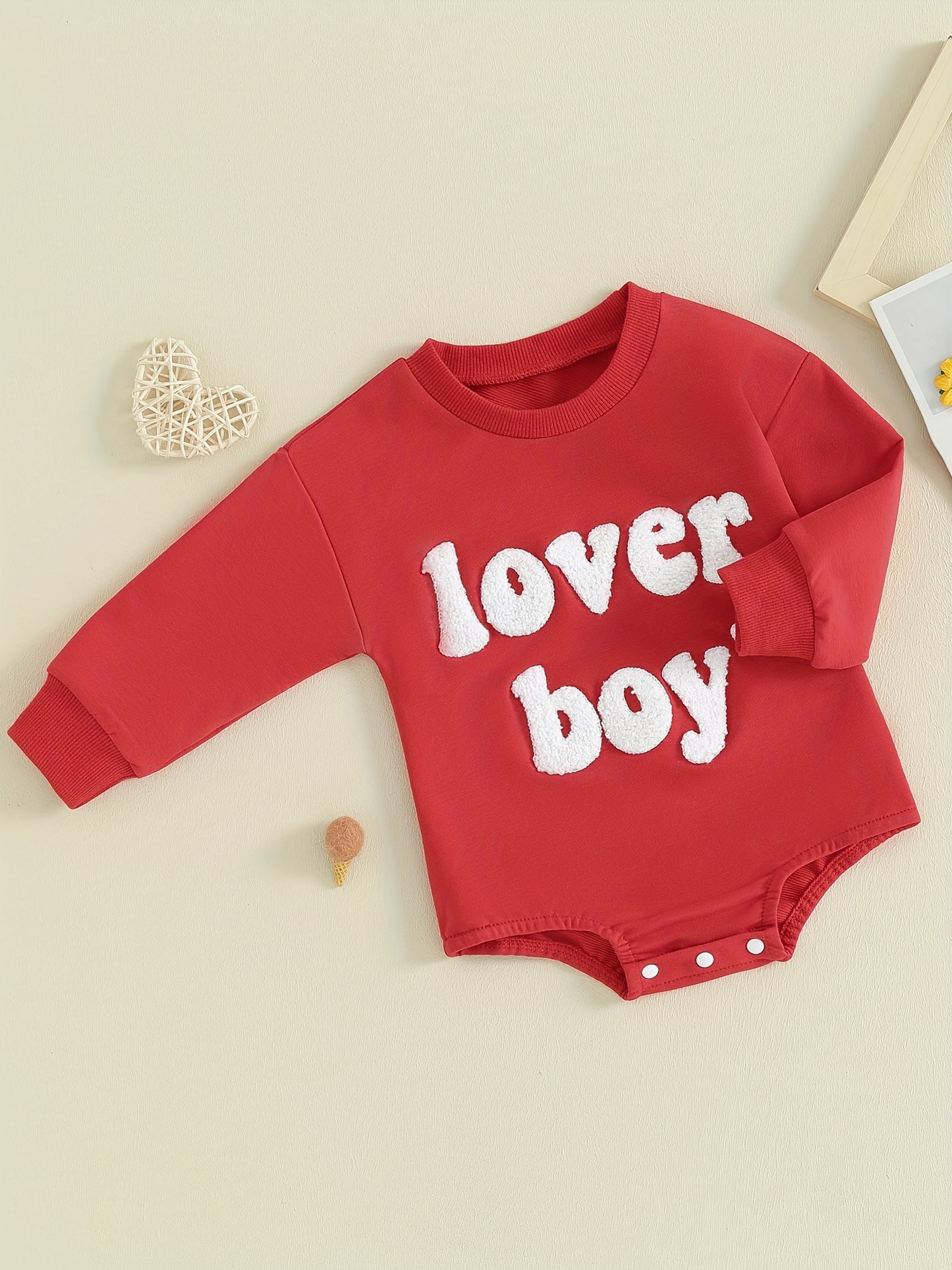 [Home Relaxation] Cozy 'Lover Boy' Cotton Romper for Babies - Red Long-Sleeve Jumpsuit with White Lettering, Machine Washable, Perfect for Fall/Winter, Comfortable Babywear | Casual Baby Jumpsuit | Cotton Blend Fabric, Boy Ba