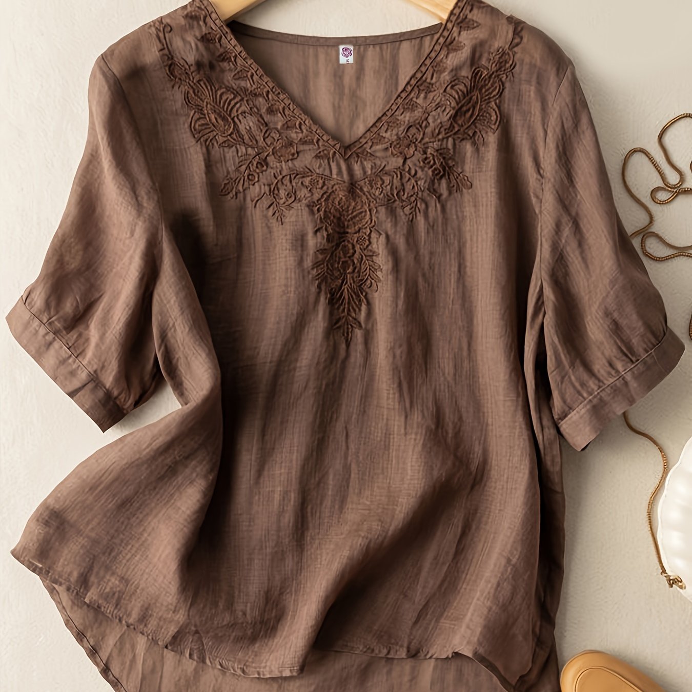 Floral Embroidery V Neck T-shirt, Vintage Half Sleeve Loose T-shirt For Spring & Summer, Women's Clothing