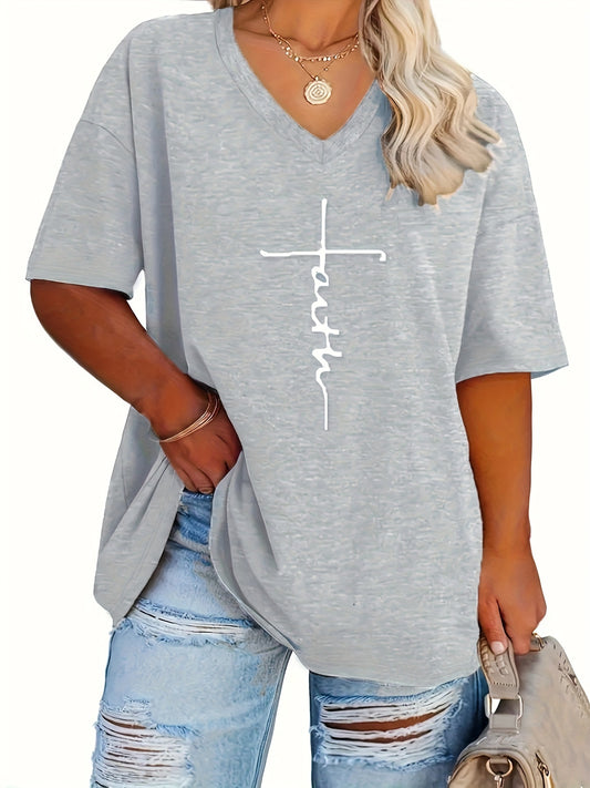 Plus Size Womens V Neck Casual T-shirt - Soft Slight Stretch Polyester Fabric, Alphabets Letter Print, Short Sleeve, Machine Washable - Perfect for Summer