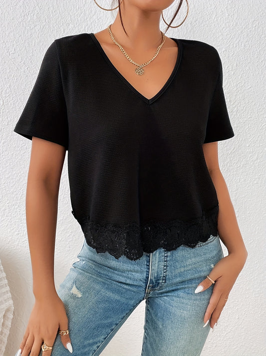 Chic Backless Lace V-Neck T-Shirt - Fashionable Contrast Detailing - Lightweight Summer Wear for Women