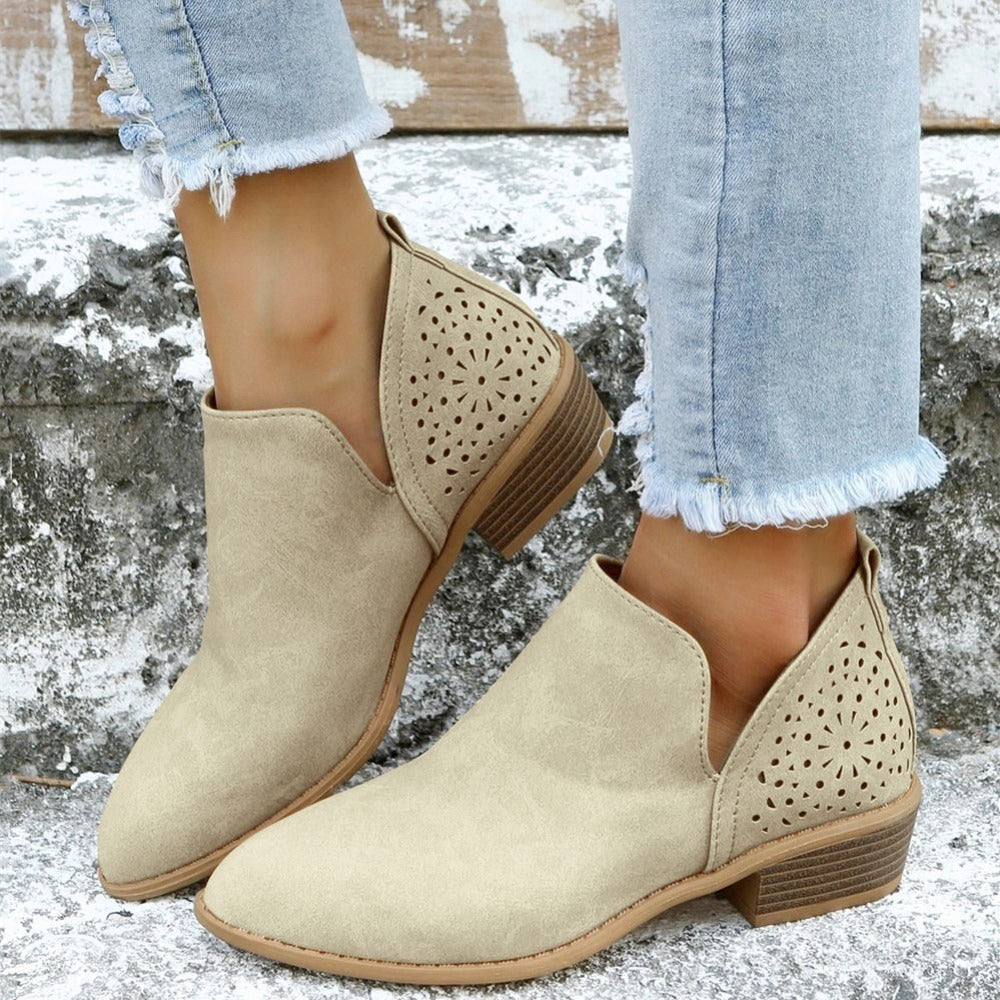 [V Cut Ankle Boots Short] Women's Ankle V Cut Short Boots, Hollow Out Chunky Heel Pointed Toe Shoes, Women's Footwear