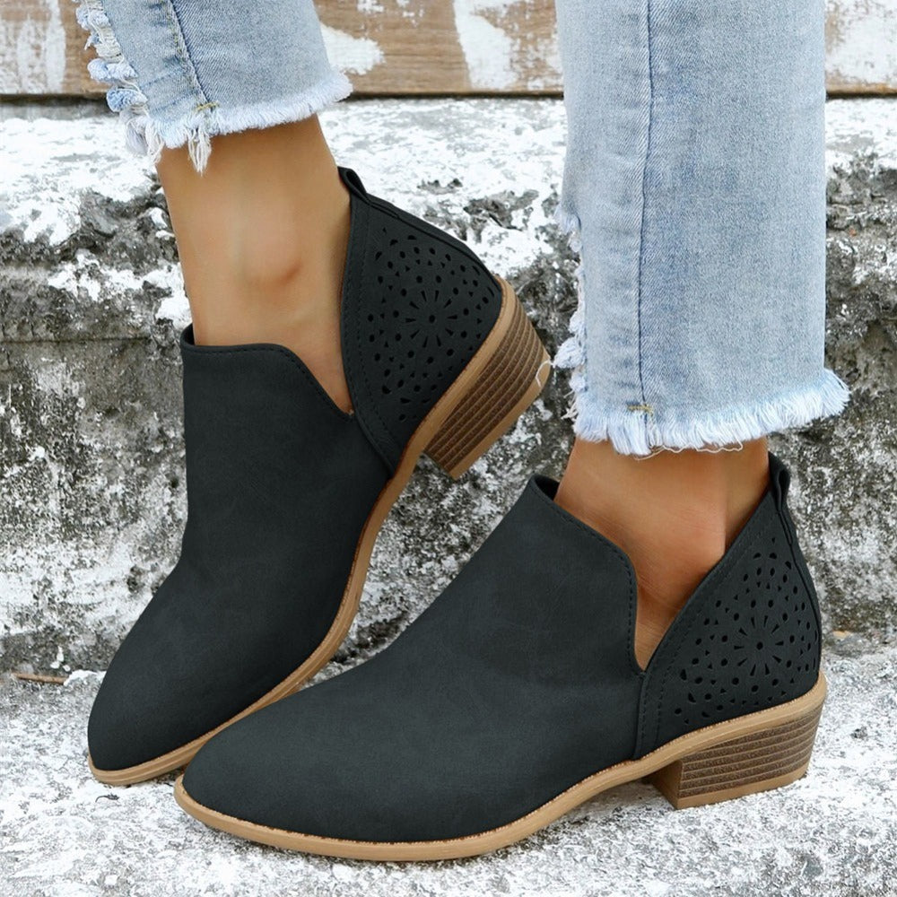 [V Cut Ankle Boots Short] Women's Ankle V Cut Short Boots, Hollow Out Chunky Heel Pointed Toe Shoes, Women's Footwear