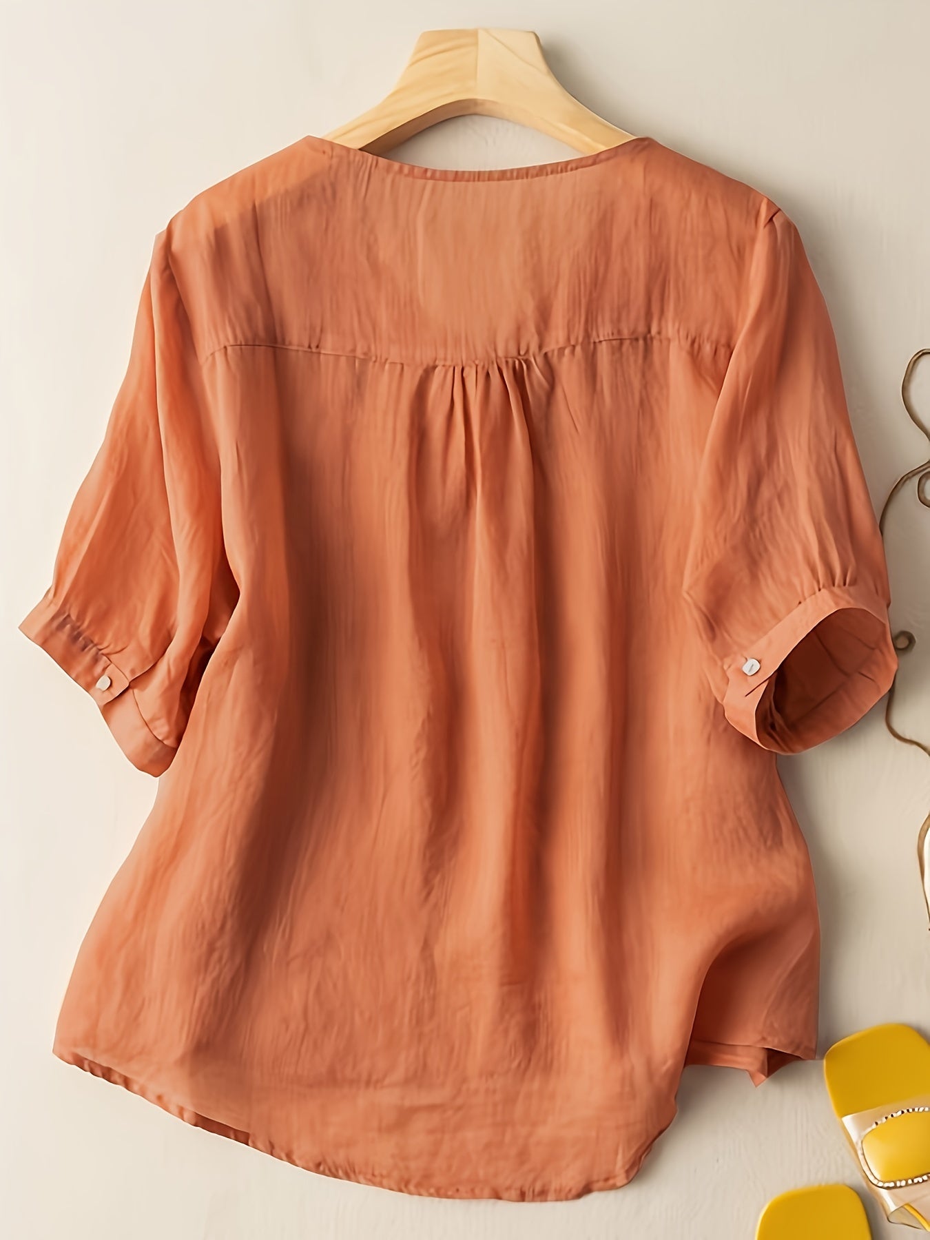 Floral Embroidery V Neck T-shirt, Vintage Half Sleeve Loose T-shirt For Spring & Summer, Women's Clothing