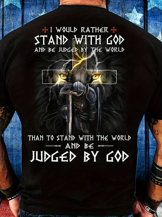 'Stand With God' Print Tee Shirt, Tee For Men, Casual Short Sleeve T-shirt For Summer Spring Fall, Tops As Gifts