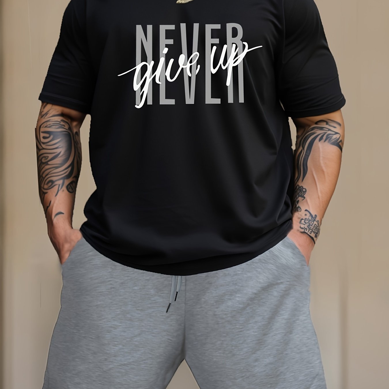 2-Piece Men's Fashion Graphic Loungewear Set - Short Sleeve Crew Neck T-Shirt, Drawstring Shorts with Pockets, Soft, Breathable, Casual Pajama Outfit for Men, NEVER GIVE UP Letter Print Design, Ideal for Relaxation and Leisur