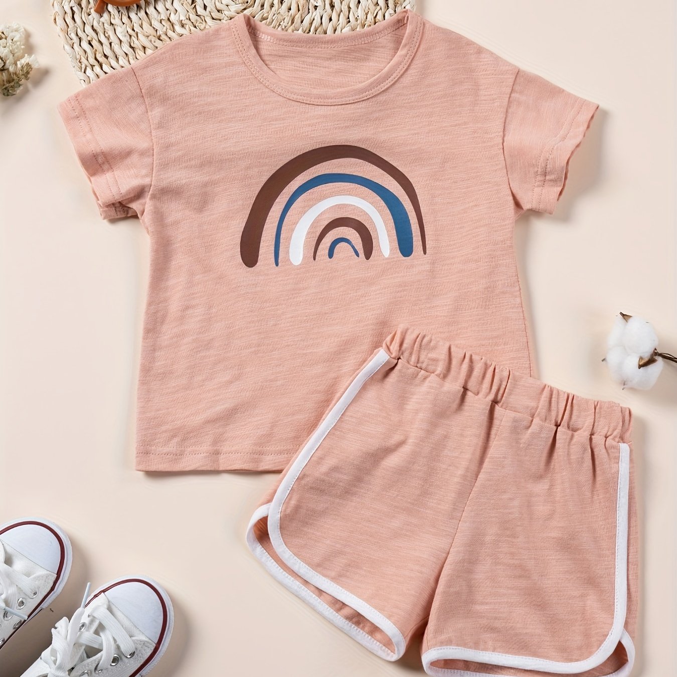 2-Piece Toddler Girls' Summer Tracksuit - Rainbow Printed T-Shirt and Short Pants Set - Casual Cotton Clothing for Kids - Comfortable and Breathable - Perfect for Outdoor Play