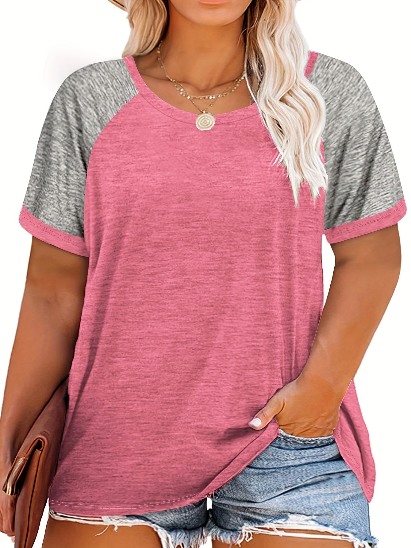 [Plus Size Slight Stretch T-shirt] Plus Size Casual T-shirt, Women's Plus Colorblock Short Sleeve Round Neck Slight Stretch T-shirt