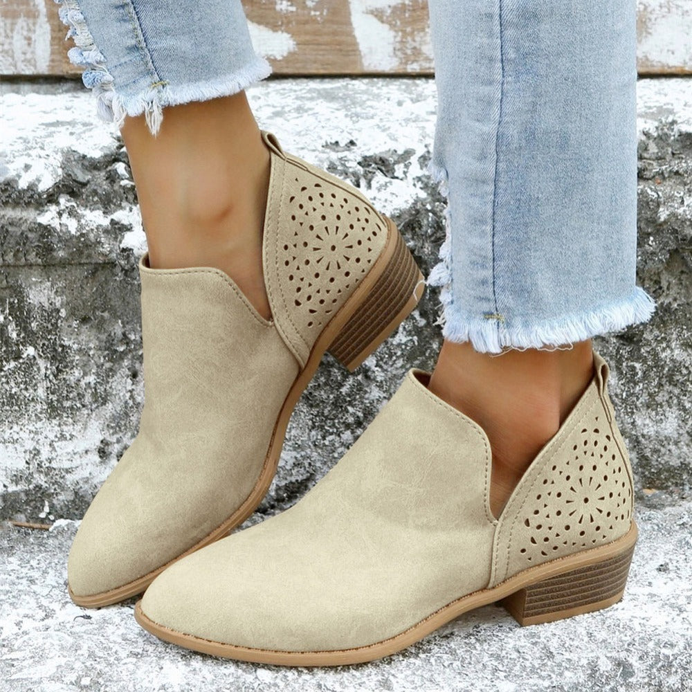 [V Cut Ankle Boots Short] Women's Ankle V Cut Short Boots, Hollow Out Chunky Heel Pointed Toe Shoes, Women's Footwear