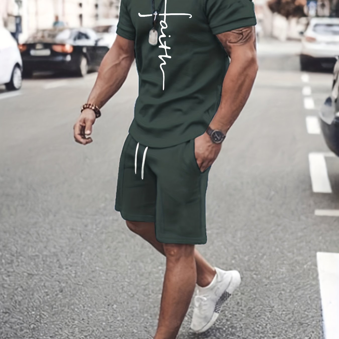 2 piece Men's 'Faith' Print Short Sleeve T-Shirt and Shorts Set - Comfortable Casual Loungewear for Summer