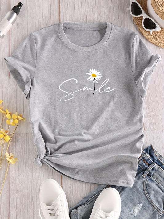 Vibrant Flower & Letter Print Crew Neck T-Shirt - Relaxed Fit, Short Sleeve, Classic Style - Perfect for Spring and Summer, Womens Casual Clothing