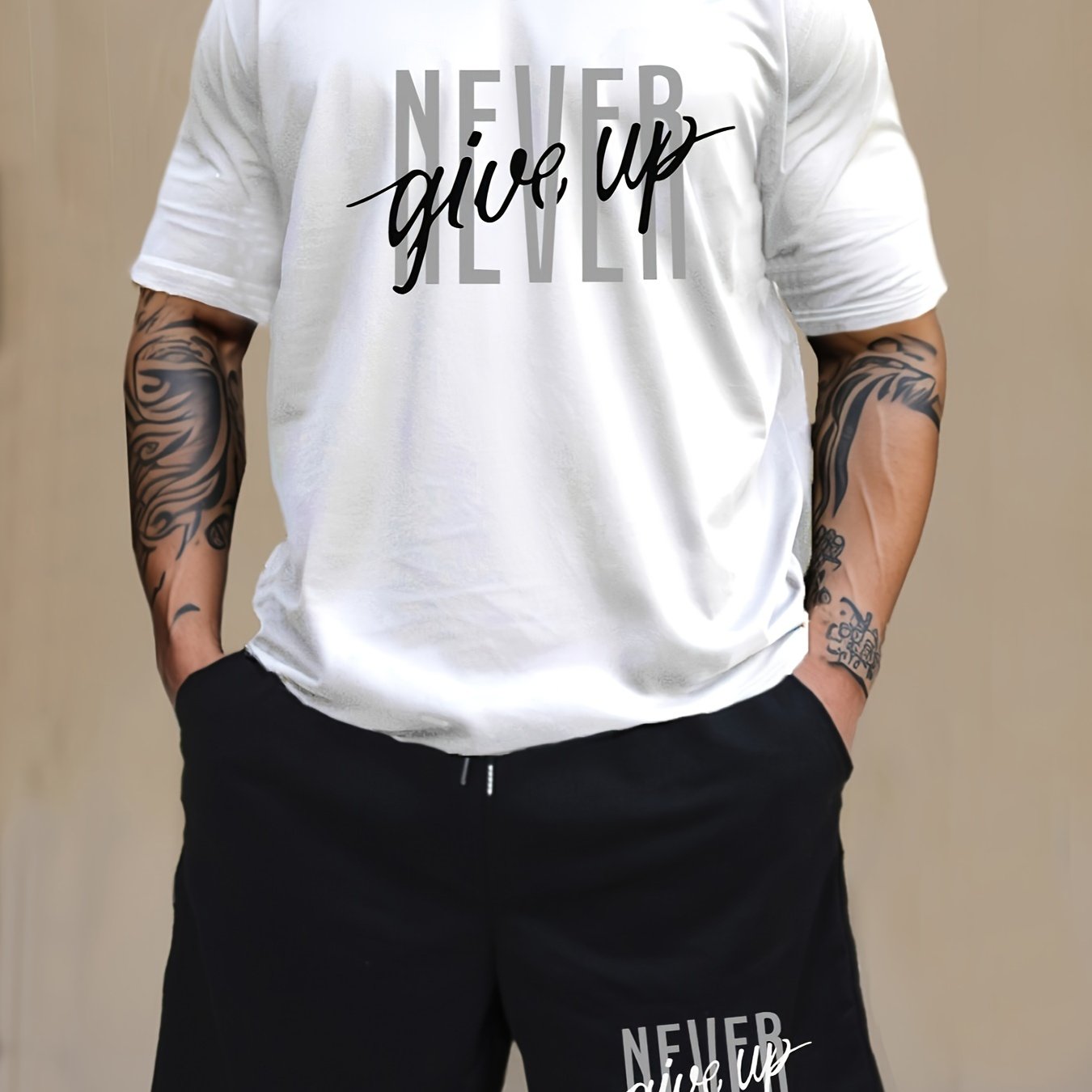 2-Piece Men's Fashion Graphic Loungewear Set - Short Sleeve Crew Neck T-Shirt, Drawstring Shorts with Pockets, Soft, Breathable, Casual Pajama Outfit for Men, NEVER GIVE UP Letter Print Design, Ideal for Relaxation and Leisur