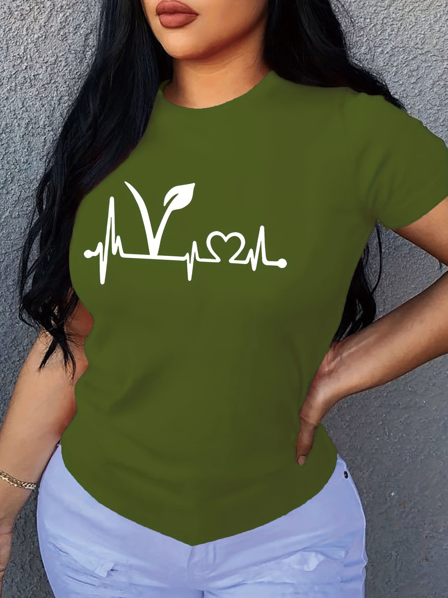 Plant Print Short Sleeve T-Shirt, Crew Neck Casual Top For Summer & Spring, Women's Clothing