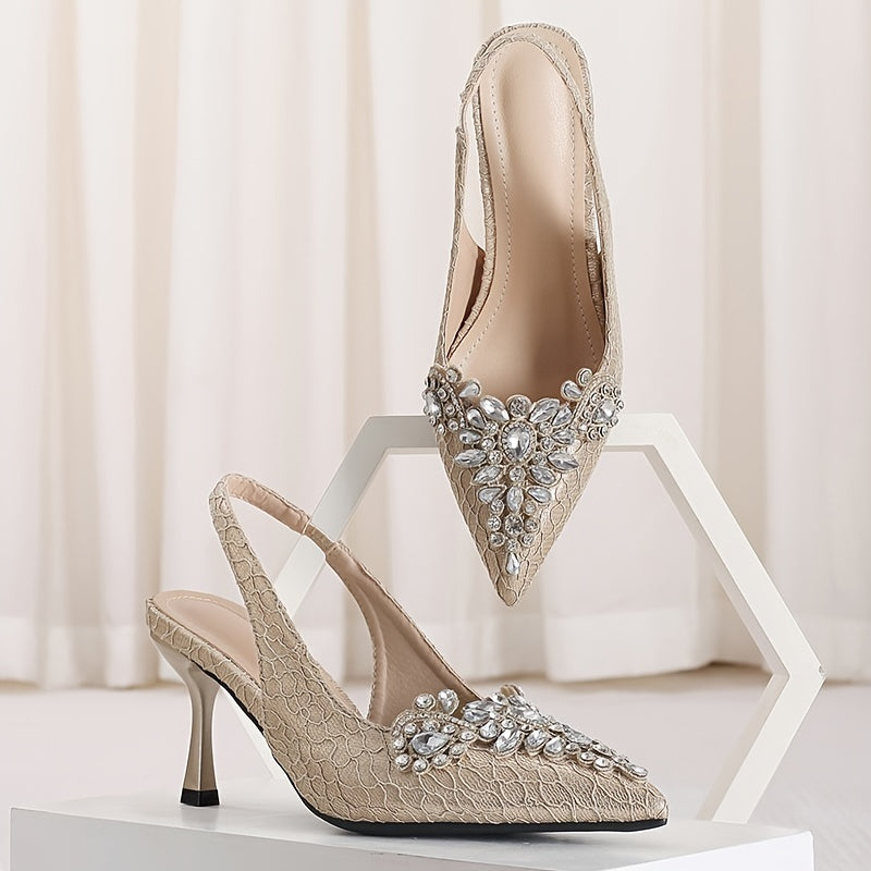Women's Rhinestone Decor Stiletto Heels, Fashionable Pointed Toe Slingback Pumps, Stylish Dress & Party Shoes