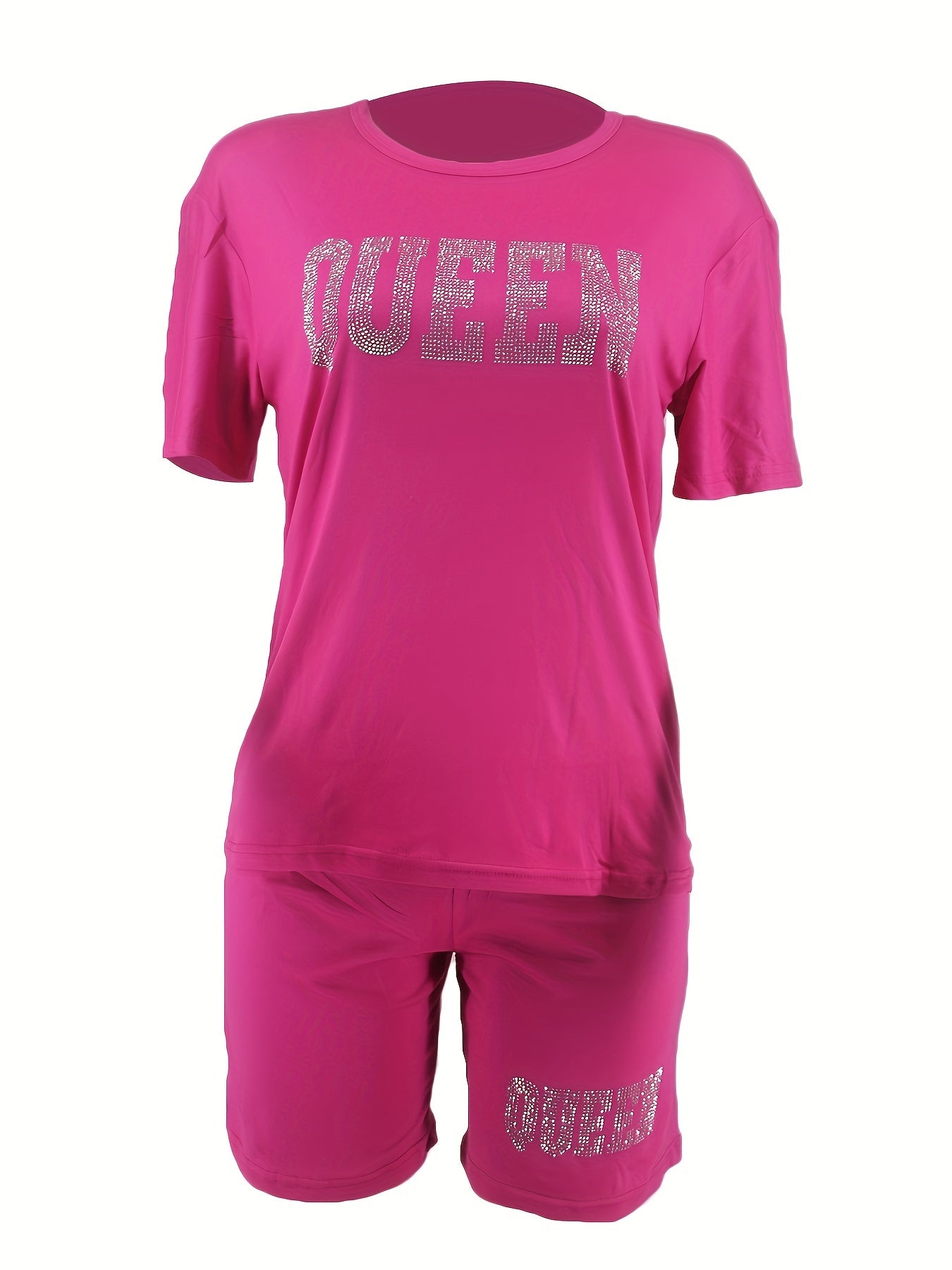 [2 Pieces Rhinestone Queen Outfit] Rhinestone Queen Print 2 Pieces Set, Crew Neck Short Sleeve T-shirt & Bodycon Shorts Outfits, Women's Clothing