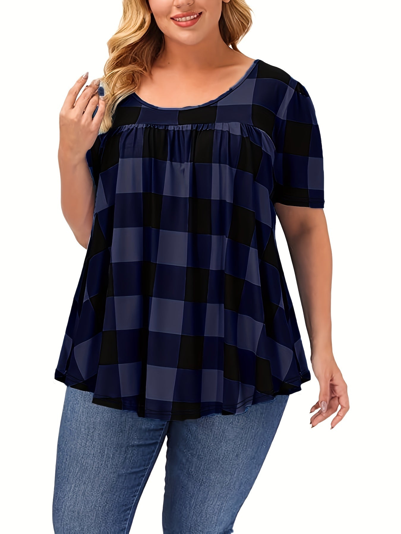 Women's Plus Size Blend T-Shirt - Short Sleeve, Round Neck, Loose Fit with Geometric Print