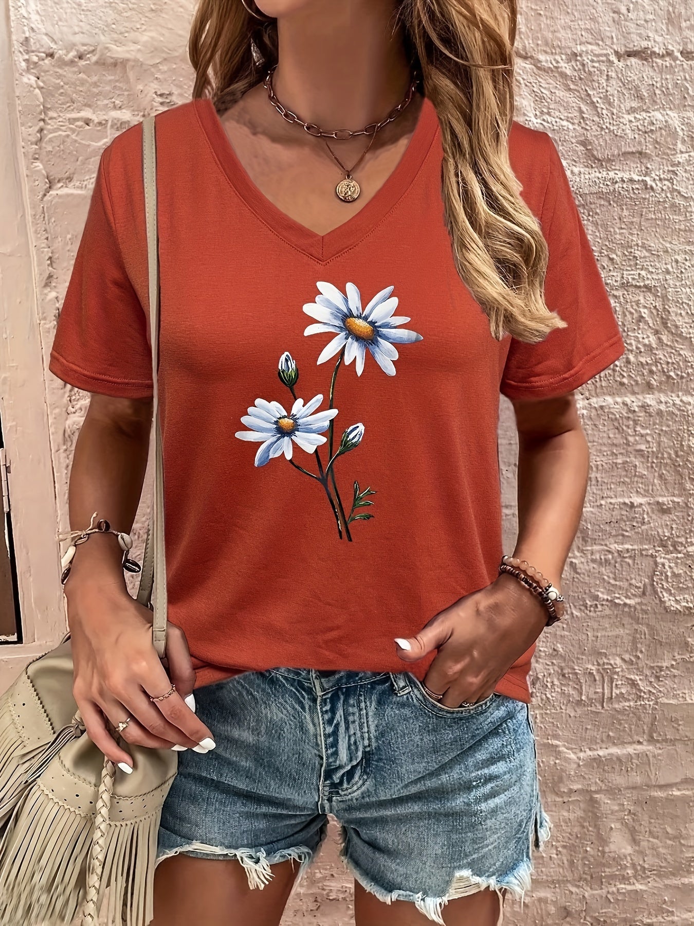 Floral Print V Neck T-shirt, Casual Short Sleeve T-shirt For Summer, Women's Clothing