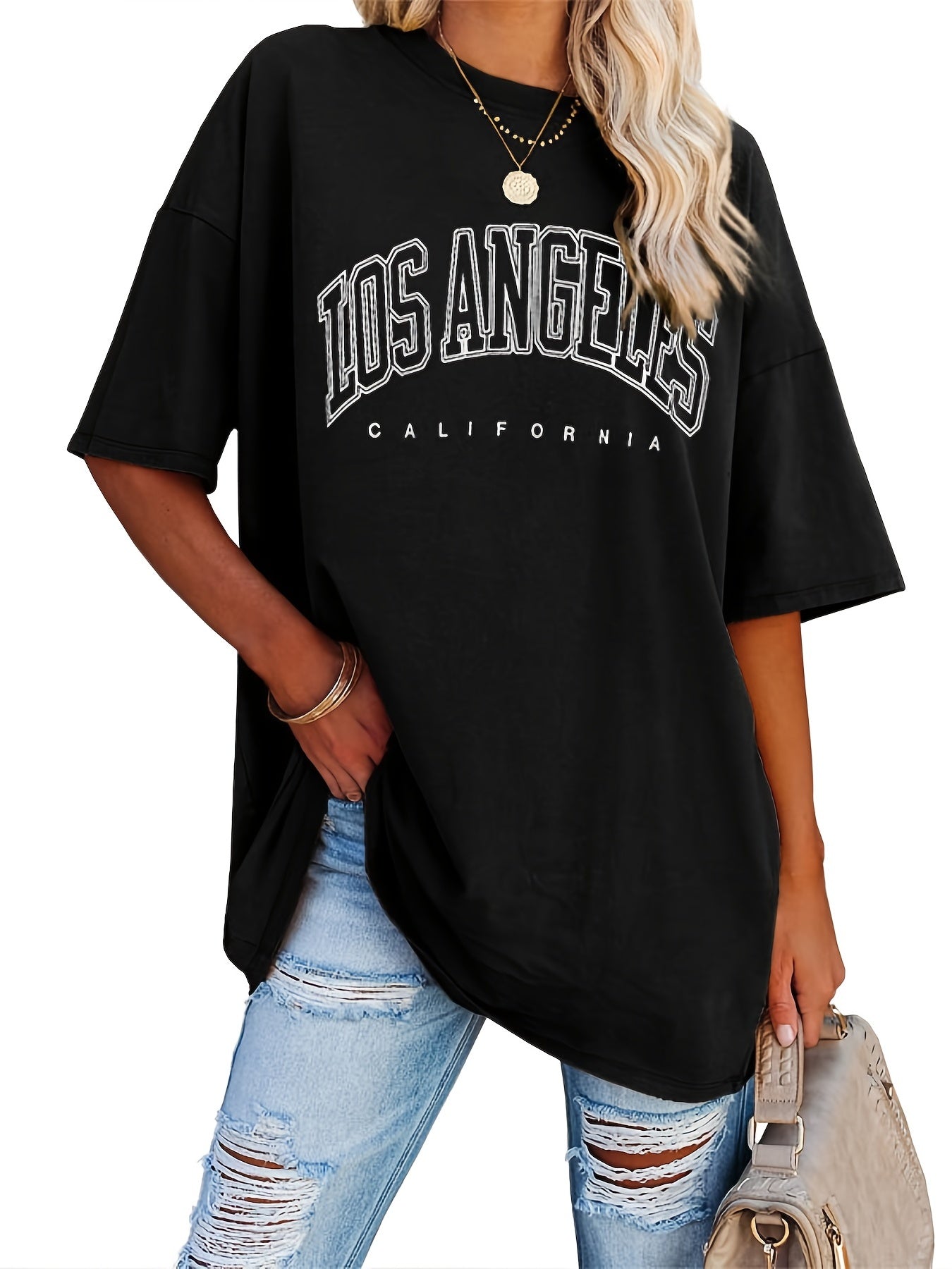 Oversized Letter Print T-Shirt, Crew Neck Short Sleeve T-Shirt, Casual Every Day Tops, Women's Clothing
