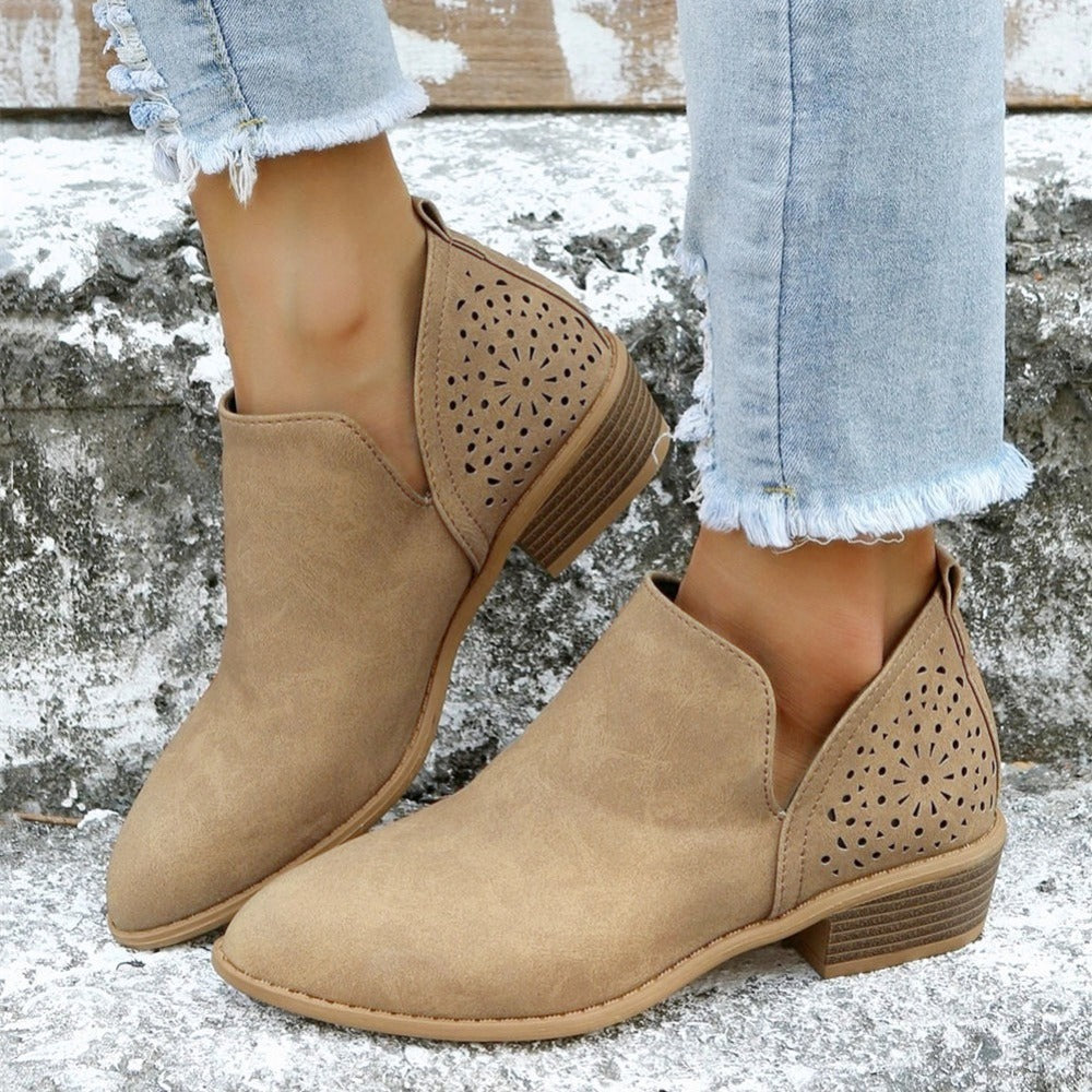 [V Cut Ankle Boots Short] Women's Ankle V Cut Short Boots, Hollow Out Chunky Heel Pointed Toe Shoes, Women's Footwear