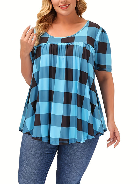 Women's Plus Size Blend T-Shirt - Short Sleeve, Round Neck, Loose Fit with Geometric Print