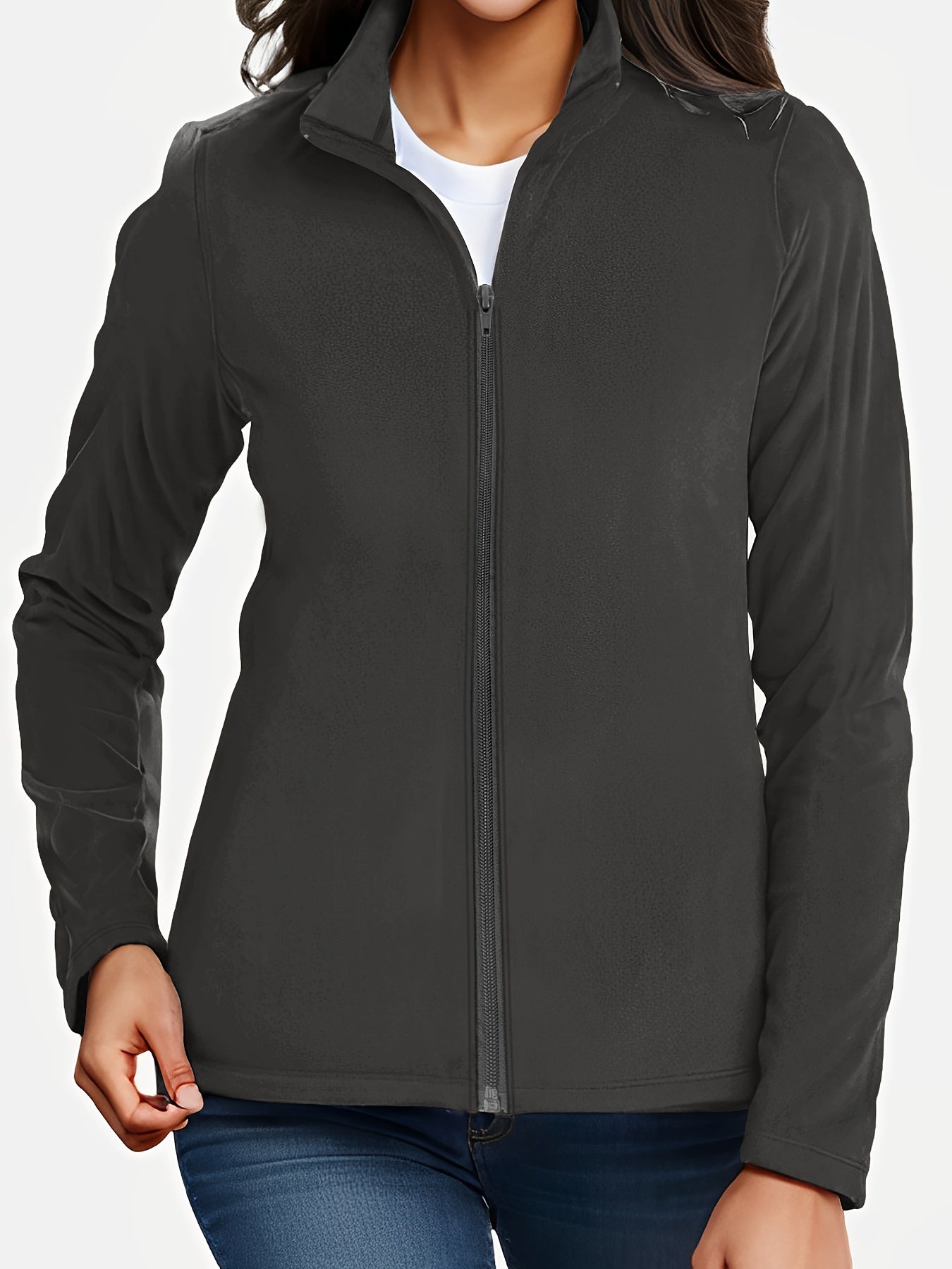 Thermal Stand Collar Jacket, Warm Solid Zipper Jacket, Casual Outerwear For Fall & Winter, Women's Clothing