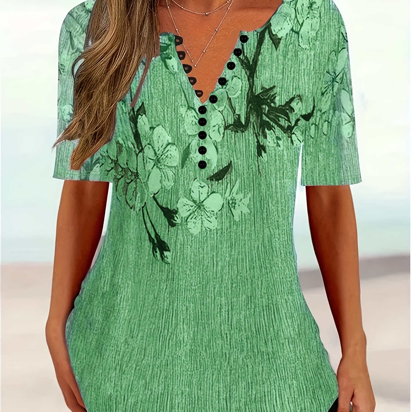 Floral Print Plus Size Short Sleeve Round Neck Henley T-shirt - Women's Casual Slight Stretch