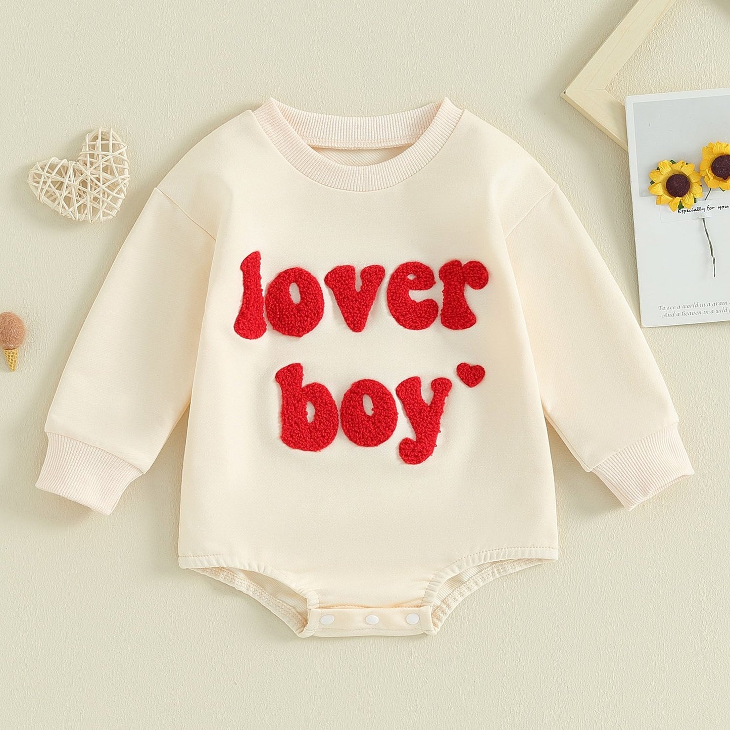 [Home Relaxation] Cozy 'Lover Boy' Cotton Romper for Babies - Red Long-Sleeve Jumpsuit with White Lettering, Machine Washable, Perfect for Fall/Winter, Comfortable Babywear | Casual Baby Jumpsuit | Cotton Blend Fabric, Boy Ba