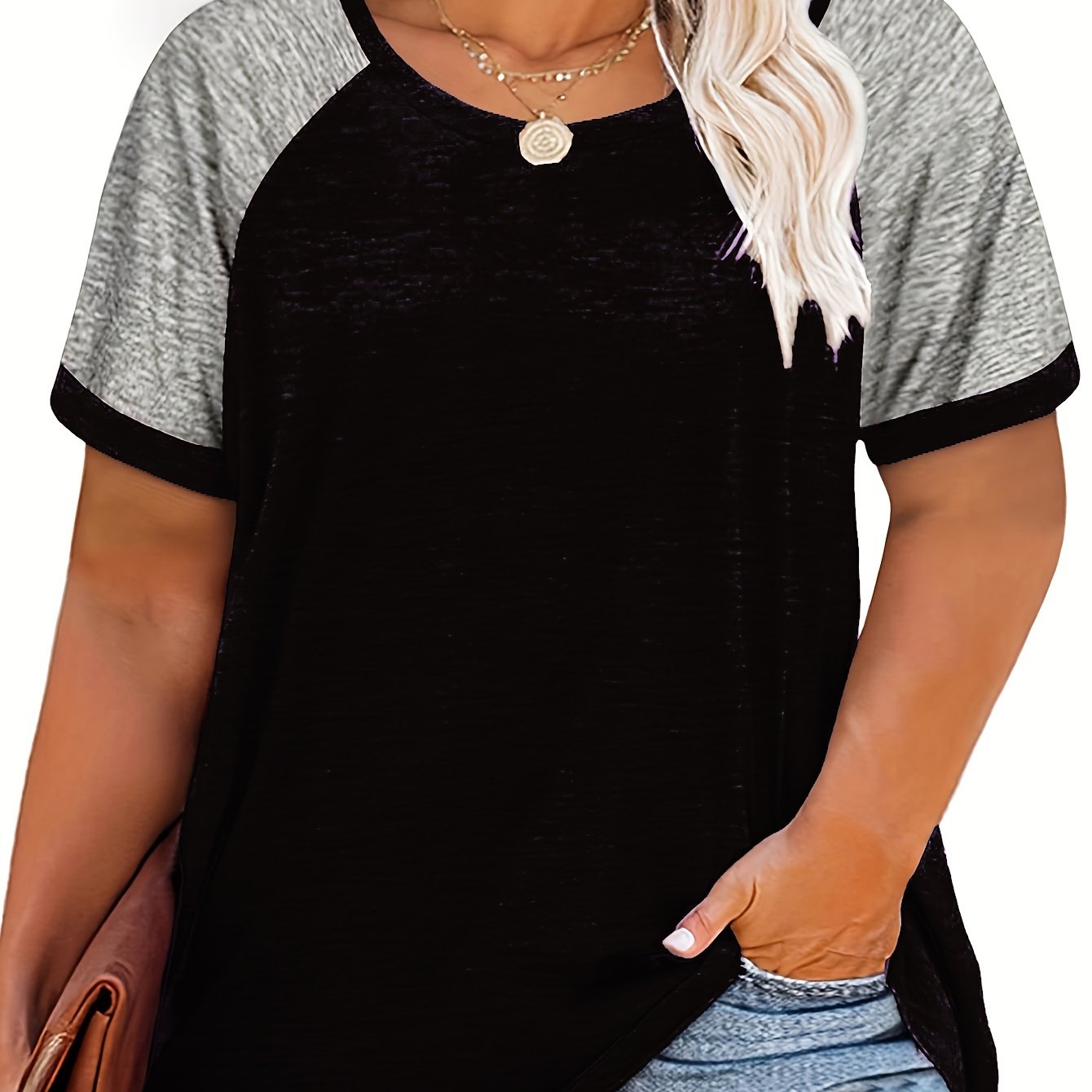 [Plus Size Slight Stretch T-shirt] Plus Size Casual T-shirt, Women's Plus Colorblock Short Sleeve Round Neck Slight Stretch T-shirt