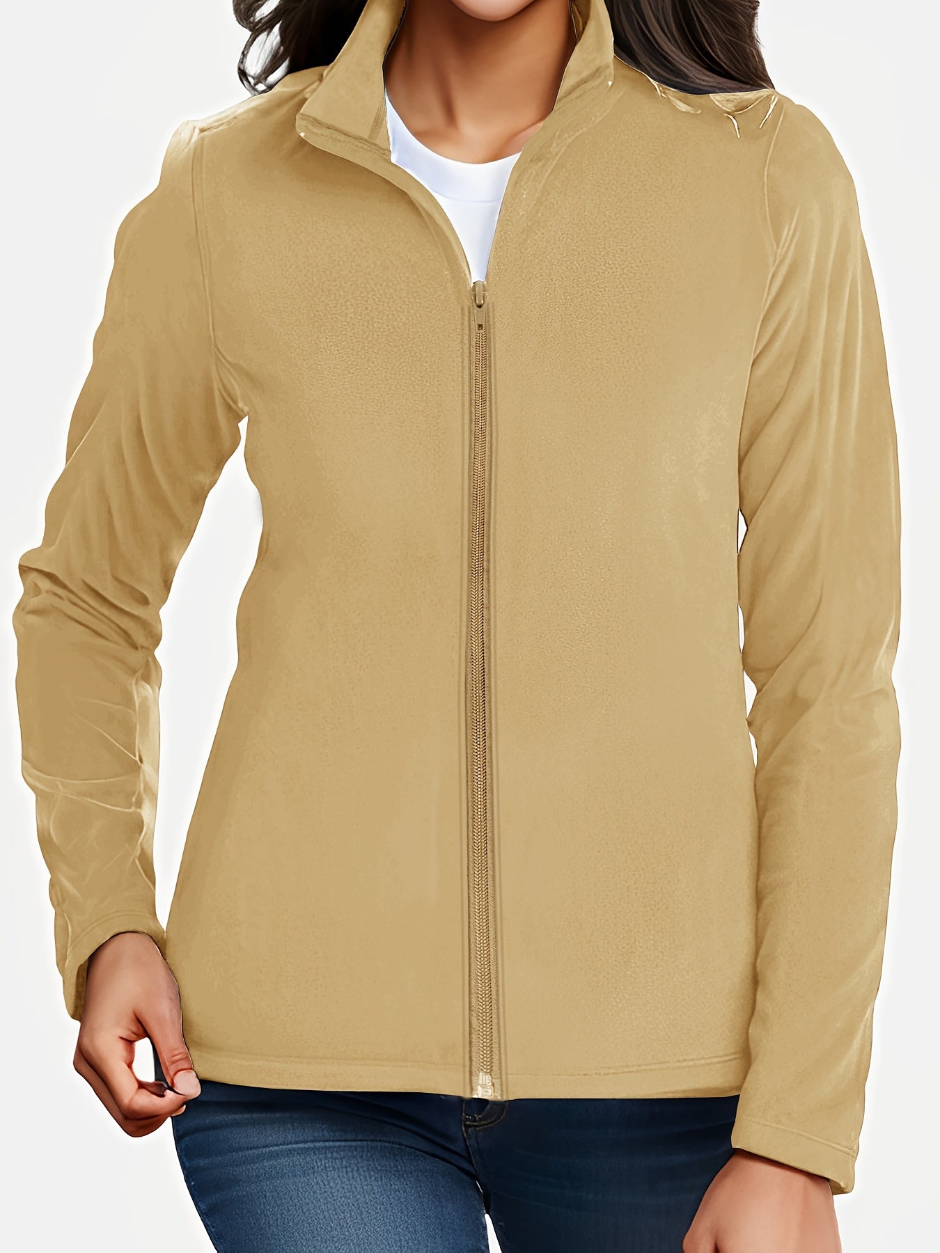 Thermal Stand Collar Jacket, Warm Solid Zipper Jacket, Casual Outerwear For Fall & Winter, Women's Clothing