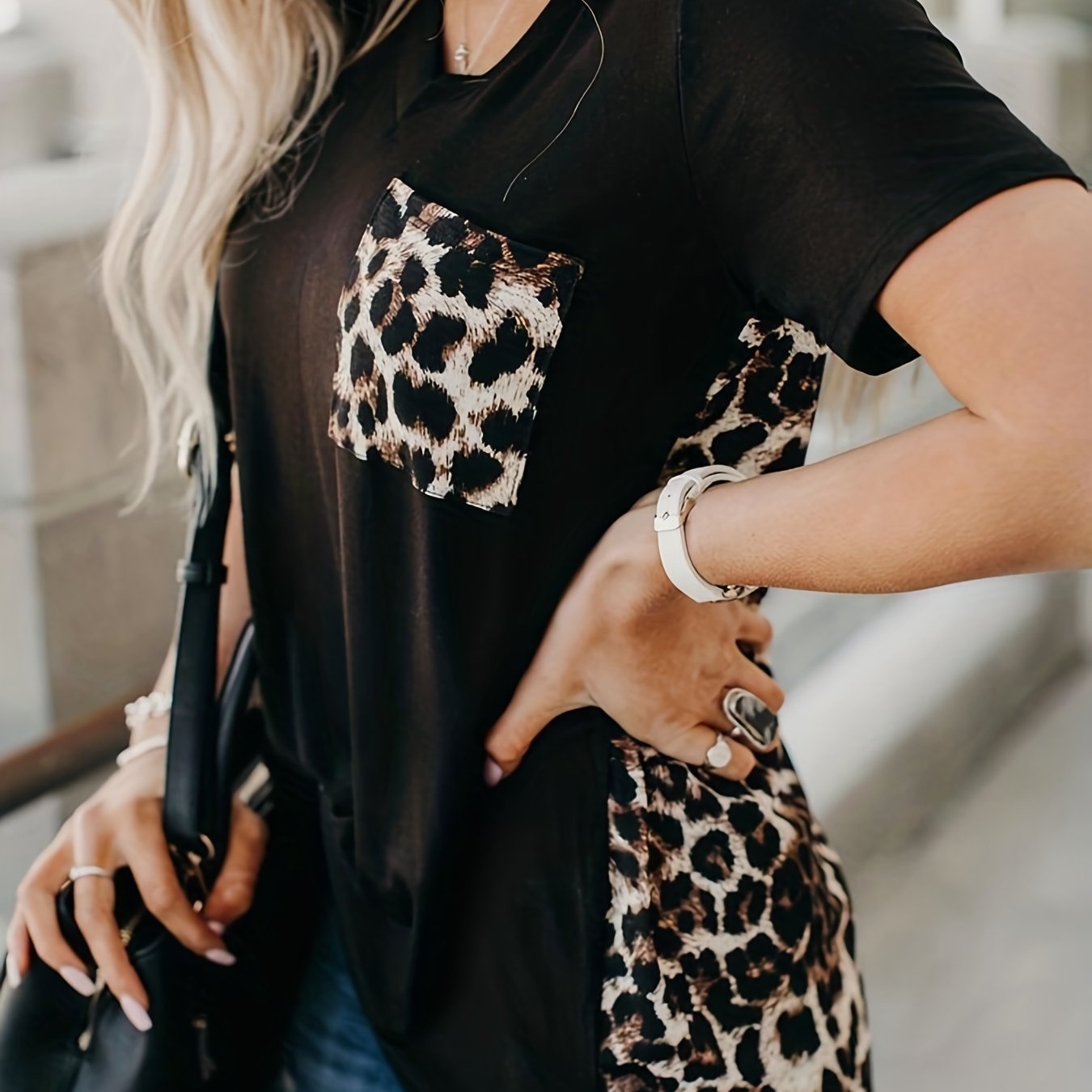 Vibrant Leopard Print Color Block V-Neck T-Shirt - Soft Micro Elasticity Polyester Fabric, Elegant Casual Short Sleeve Tee for Spring & Summer, Hand Wash Only, Regular Length, Knit Fabric, Random Printing, All Season Wear