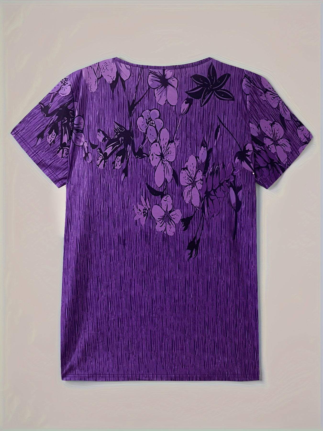 Floral Print Plus Size Short Sleeve Round Neck Henley T-shirt - Women's Casual Slight Stretch