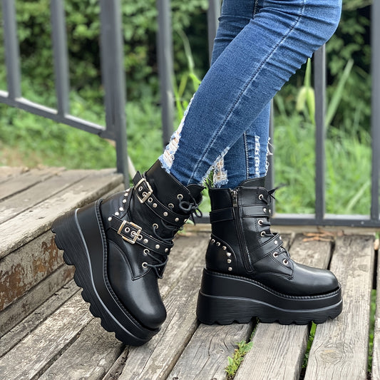 Women'S Solid Color Chelsea Booties, Cap Toe Block Heel High Ankle Boots, Synthetic Upper, Fabric Lining, PU Sole, Casual Lace-Up Footwear