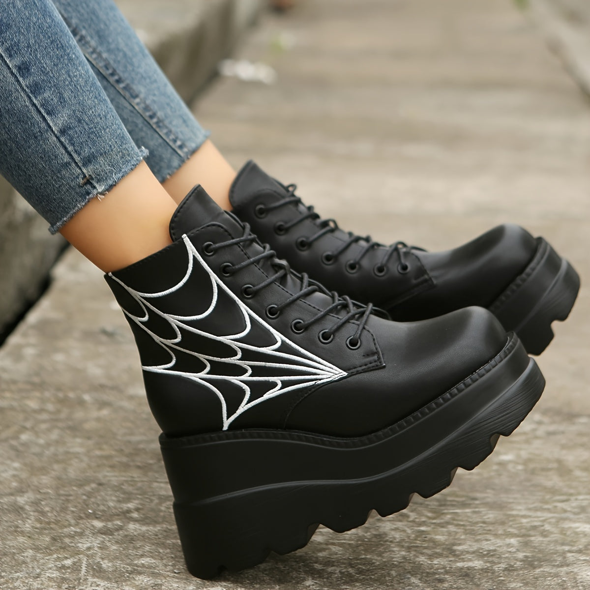 Women's Platform Wedge Ankle Boots, Height Increasing Side Spider Web Decor Short Boots, Women's Footwear