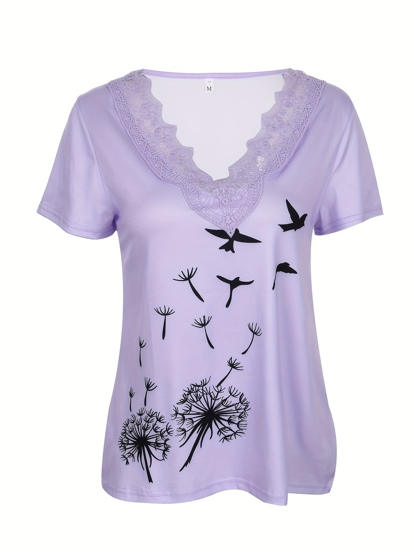 For Spring & Summer, Casual Short Sleeve Contrast Lace Dandelion Print T-Shirt, Women's Clothing