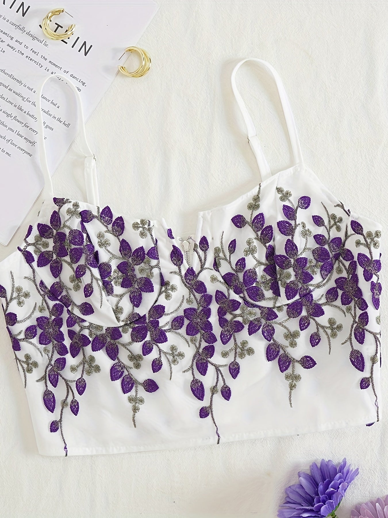 Vibrant Coquette Floral Embroidery V-Neck Slingback Tank Top - Elegant Summer Essential with Chain Details, Non-Stretch Polyester Fabric, Hand Wash Only, Solid Color Random Printing - Perfect for Young Women