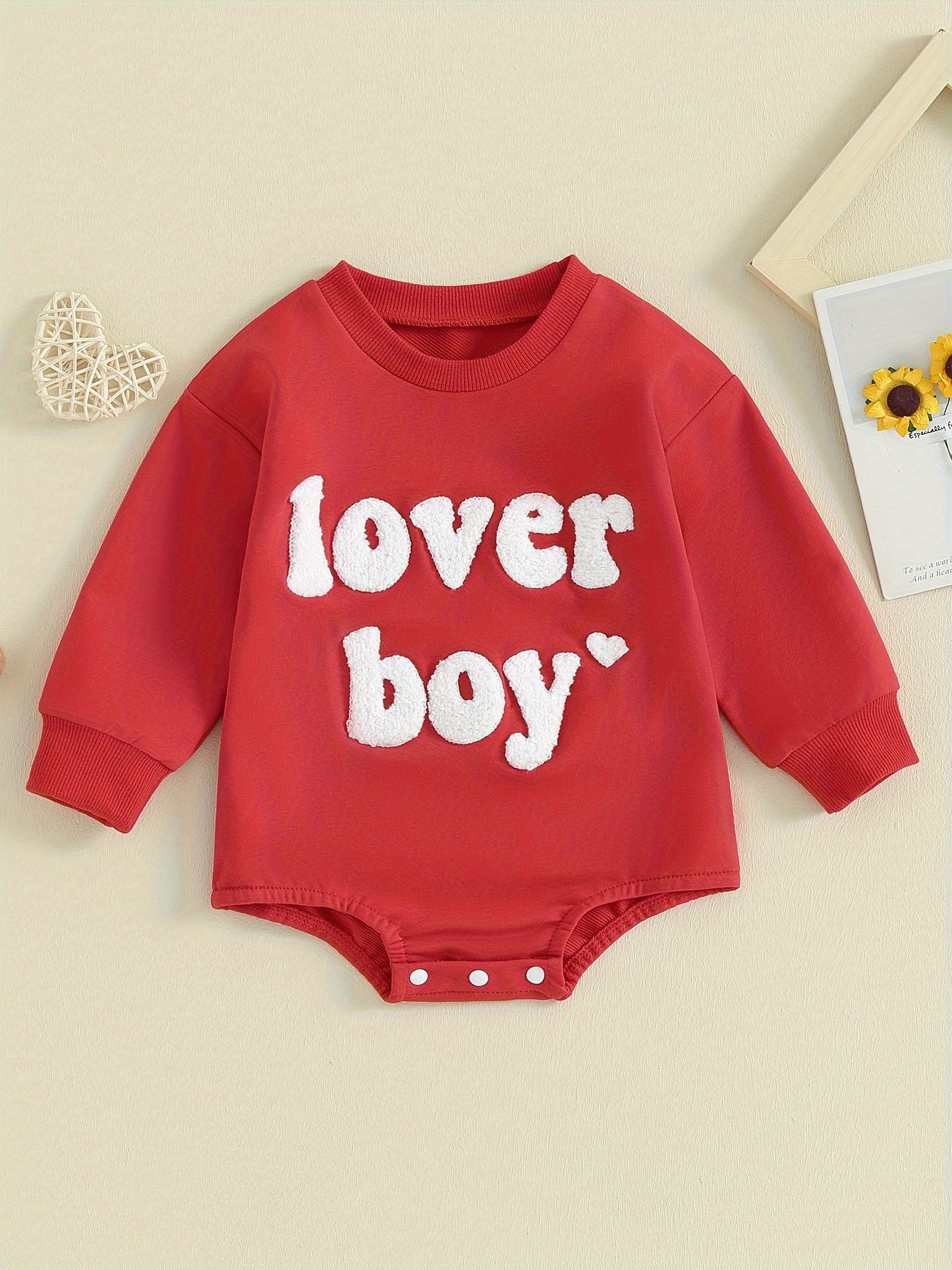 [Home Relaxation] Cozy 'Lover Boy' Cotton Romper for Babies - Red Long-Sleeve Jumpsuit with White Lettering, Machine Washable, Perfect for Fall/Winter, Comfortable Babywear | Casual Baby Jumpsuit | Cotton Blend Fabric, Boy Ba