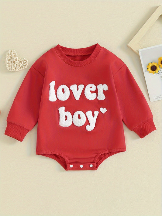 [Home Relaxation] Cozy 'Lover Boy' Cotton Romper for Babies - Red Long-Sleeve Jumpsuit with White Lettering, Machine Washable, Perfect for Fall/Winter, Comfortable Babywear | Casual Baby Jumpsuit | Cotton Blend Fabric, Boy Ba