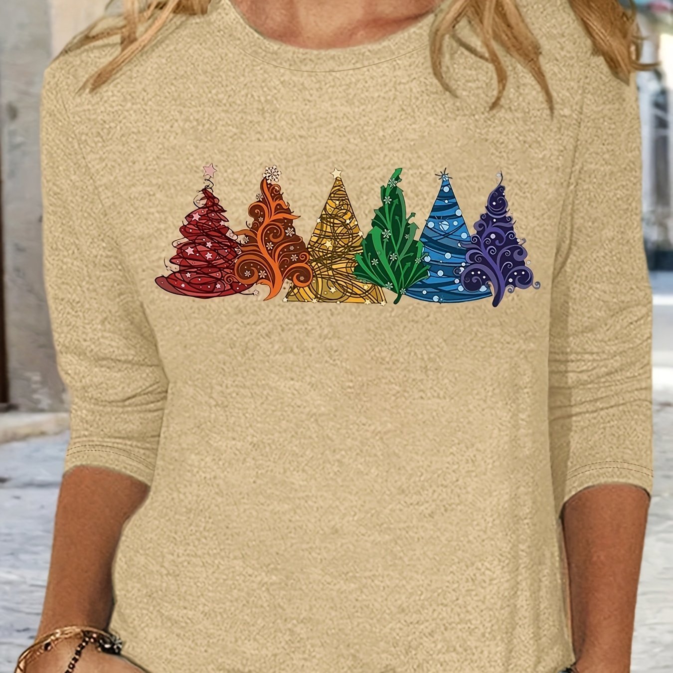 Christmas Tree Print Crew Neck T-Shirt, Casual Long Sleeve T-Shirt For Spring & Fall, Women's Clothing