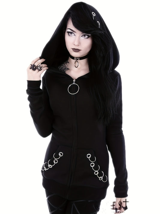 Stylish Black Zip-Up Hoodie with Unique Chain Detail - Casual Long Sleeve, Polyester Blend, Machine Washable - Perfect for All Seasons