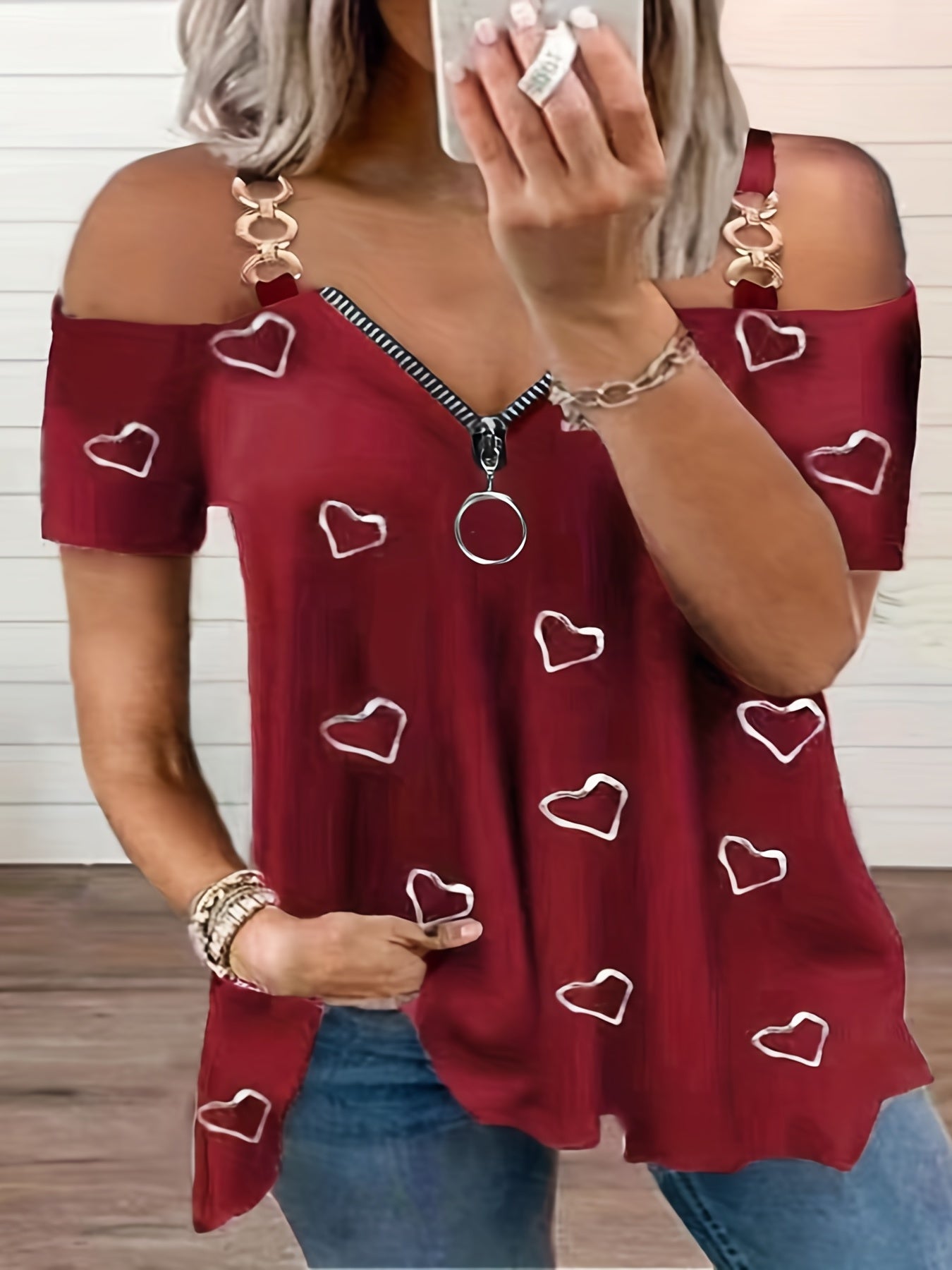 Cold Shoulder Heart Print T-Shirt, Casual Zipper Short Sleeve T-Shirt For Spring & Summer, Women's Clothing
