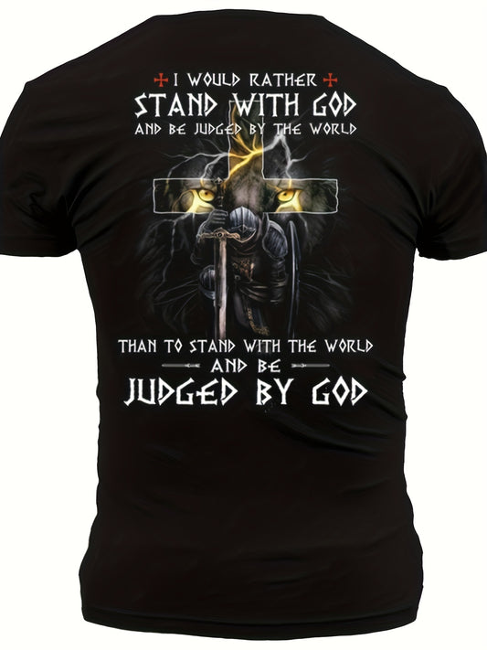 'Stand With God' Print Tee Shirt, Tee For Men, Casual Short Sleeve T-shirt For Summer Spring Fall, Tops As Gifts