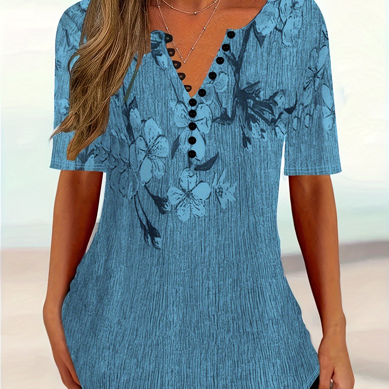 Floral Print Plus Size Short Sleeve Round Neck Henley T-shirt - Women's Casual Slight Stretch