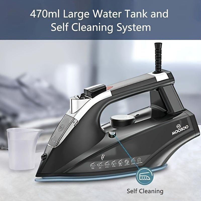 MOOSOO 1800W Ceramic Steam Iron - Non-Stick, Anti-Drip, Auto-Off, 470ml Tank, Portable, Quick Heat, US Plug