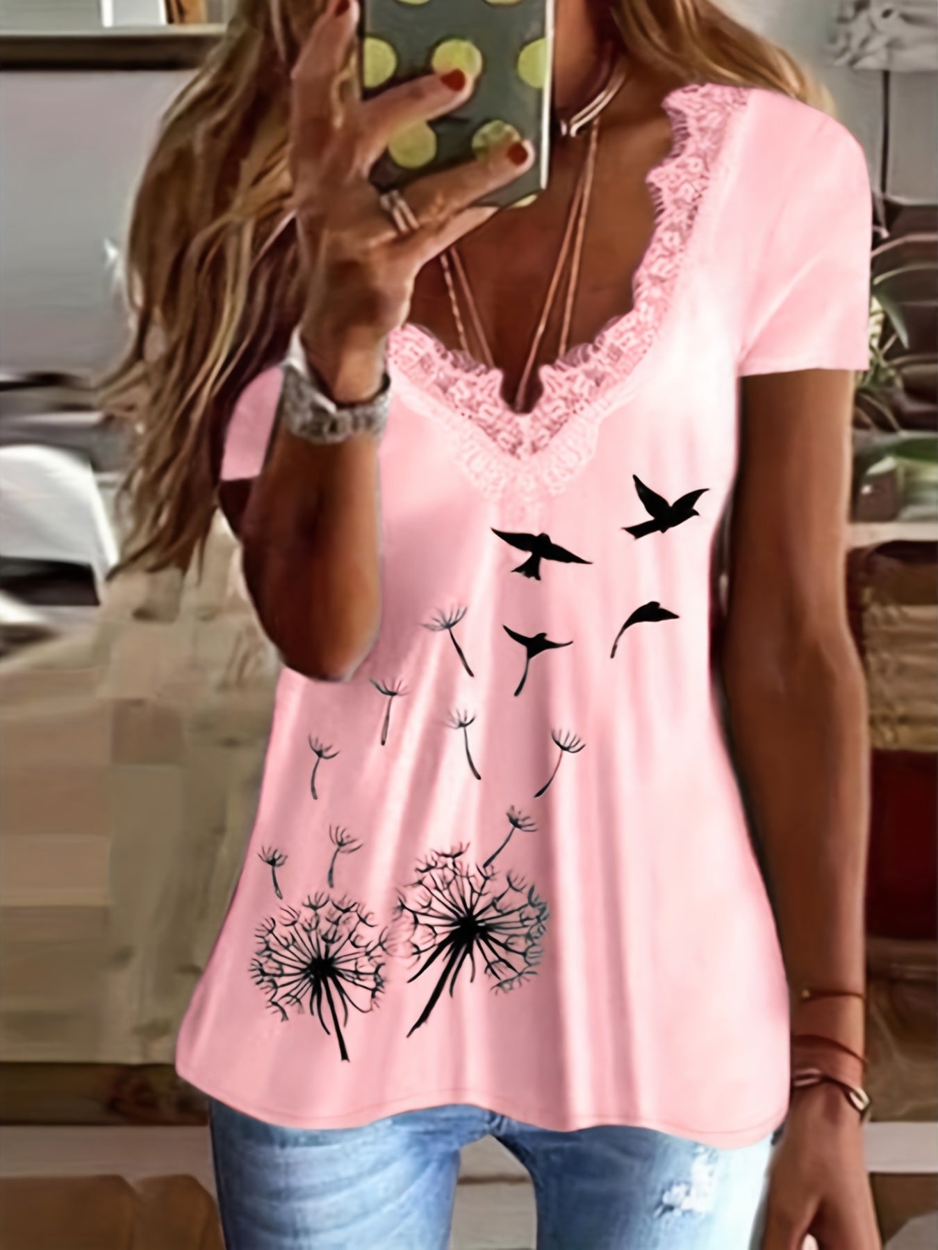 For Spring & Summer, Casual Short Sleeve Contrast Lace Dandelion Print T-Shirt, Women's Clothing