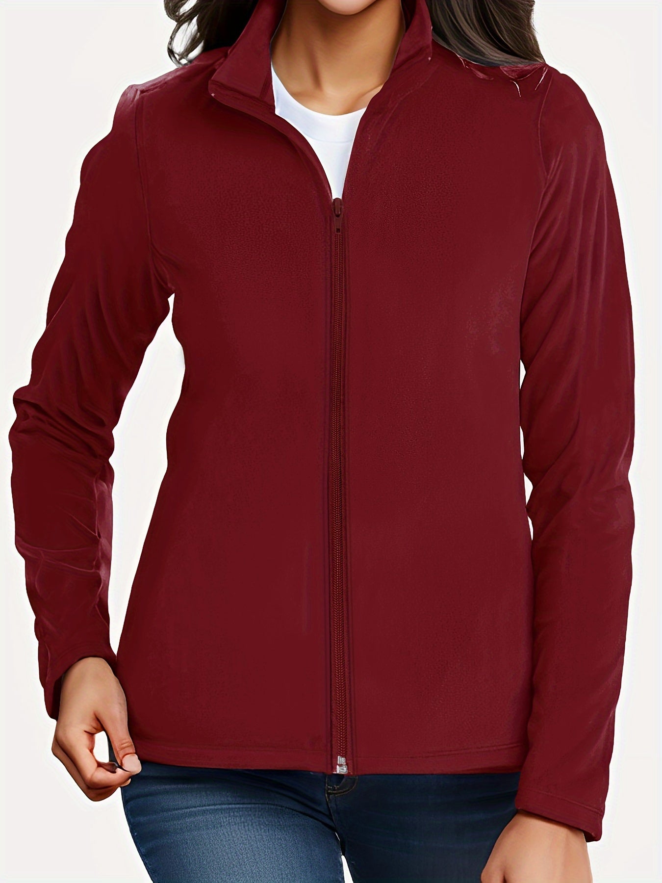 Thermal Stand Collar Jacket, Warm Solid Zipper Jacket, Casual Outerwear For Fall & Winter, Women's Clothing